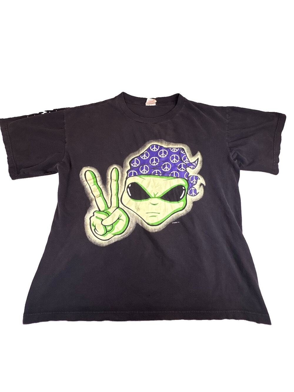 Vintage SeaBell Alien Peace Sign T Shirt Black Champ Tag XXL Y2K Graphic USA